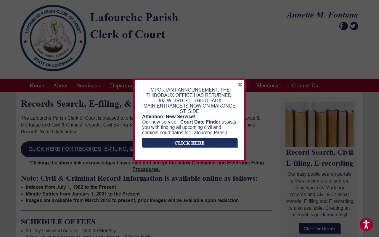 Lafourche Clerk records search page for online civil and criminal records