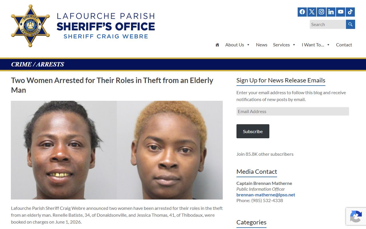 LPSO Crime and Arrests news page with arrest release listings