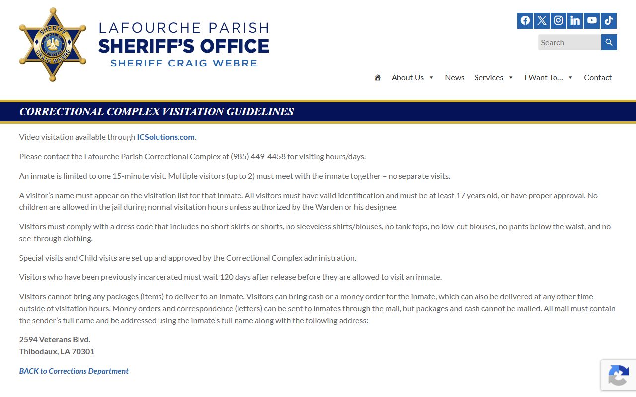 Lafourche Parish Correctional Complex visitation list ID age and dress code rules