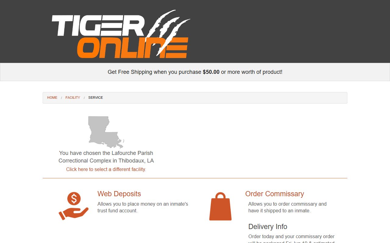 Lafourche Parish Correctional Complex Tiger Commissary web deposits and inmate commissary ordering