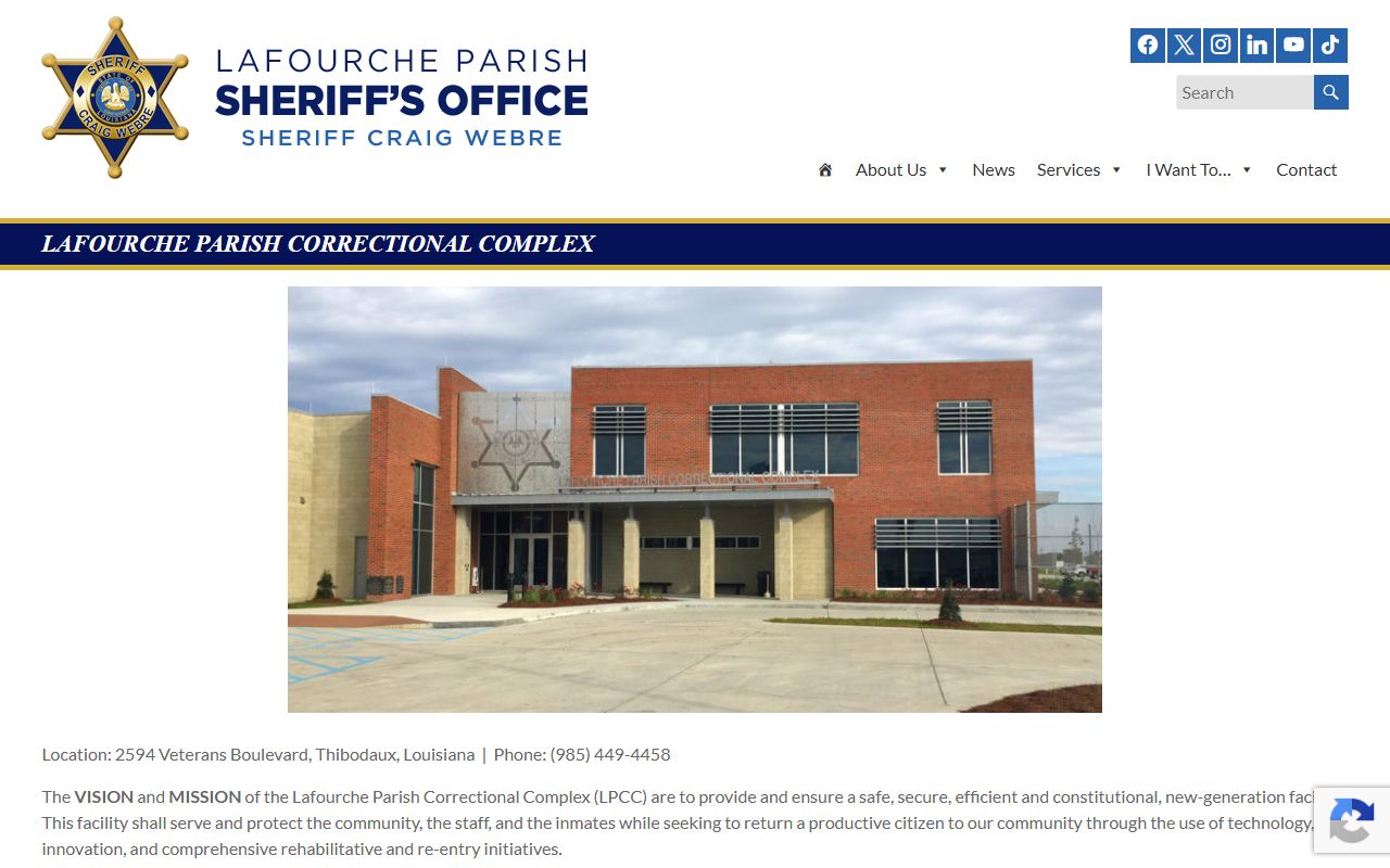 Lafourche Parish Correctional Complex official jail page and inmate lookup links