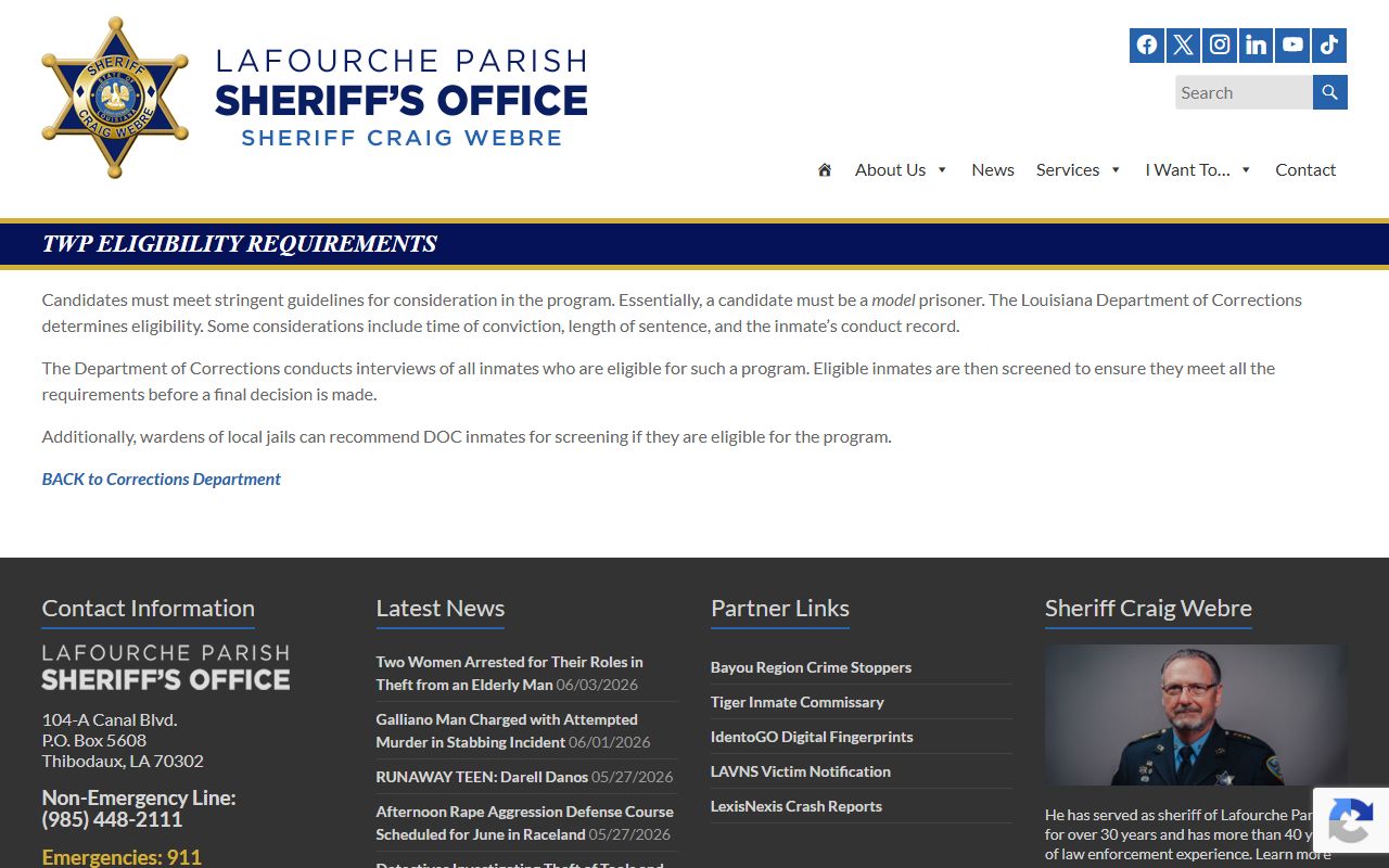 Lafourche Parish Transitional Work Program eligibility and DOC screening page